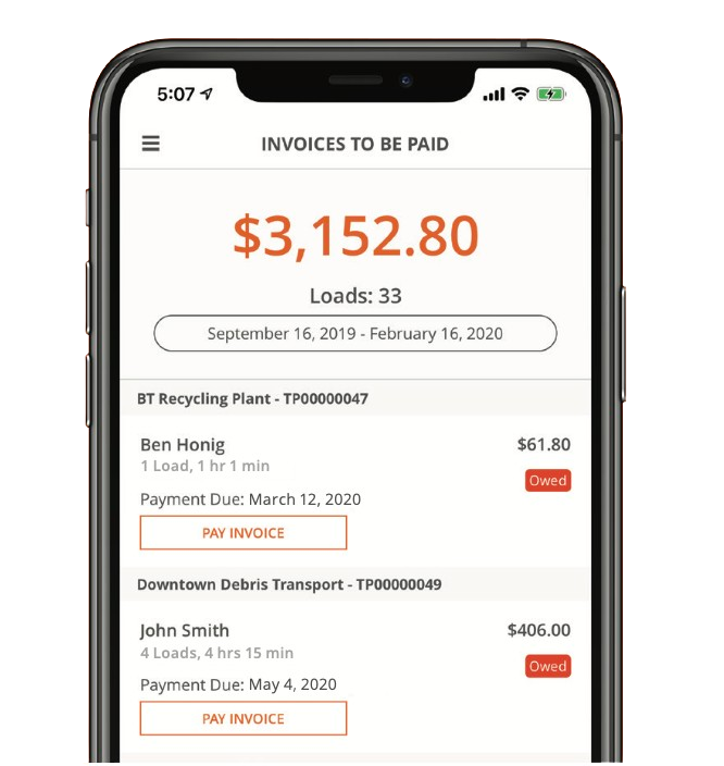 Phone on the invoices page of the Truckpay mobile app
