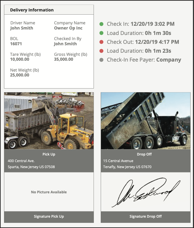 Dump trucks being filled in an example e-ticket