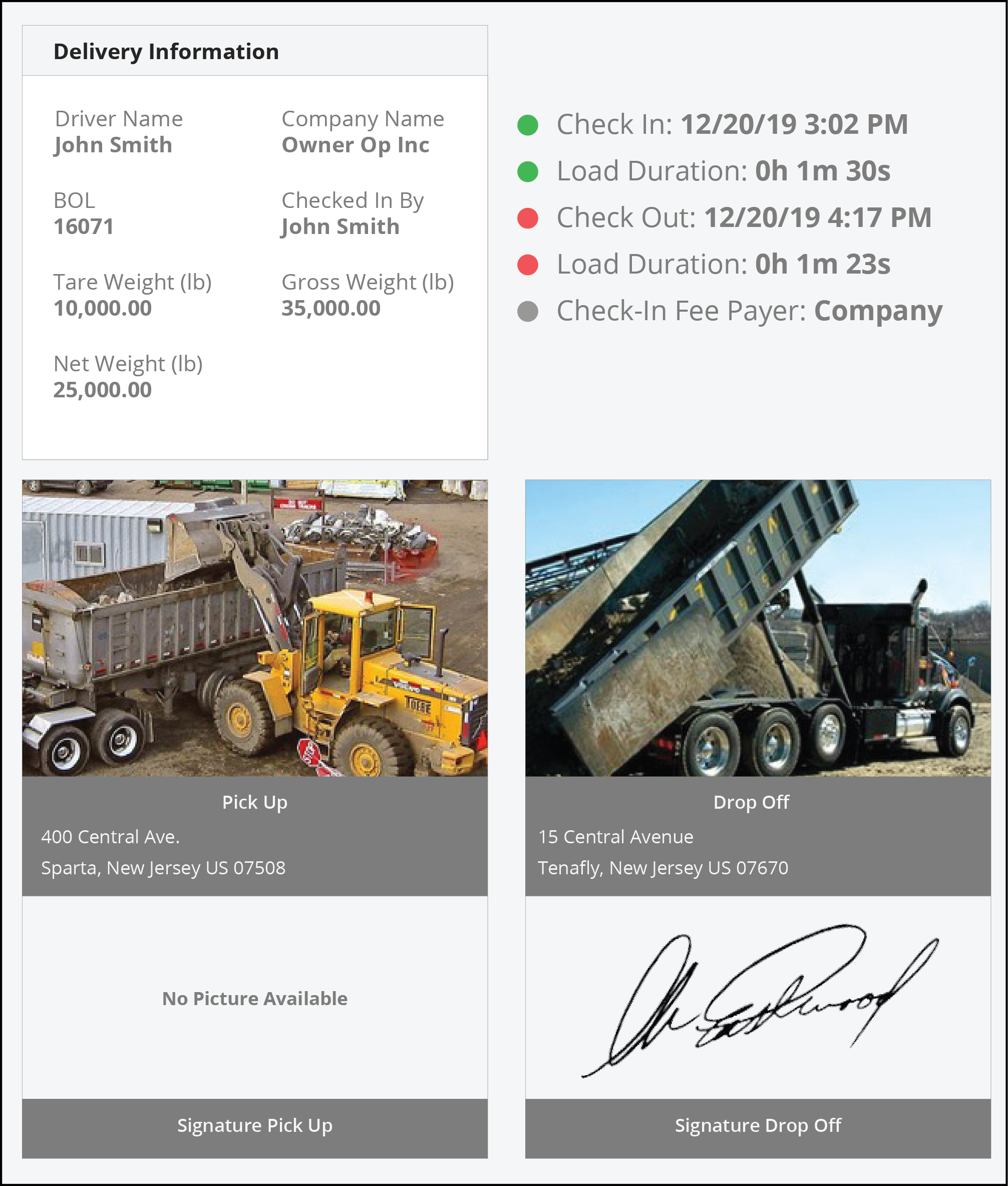 Dump trucks being filled in an example e-ticket